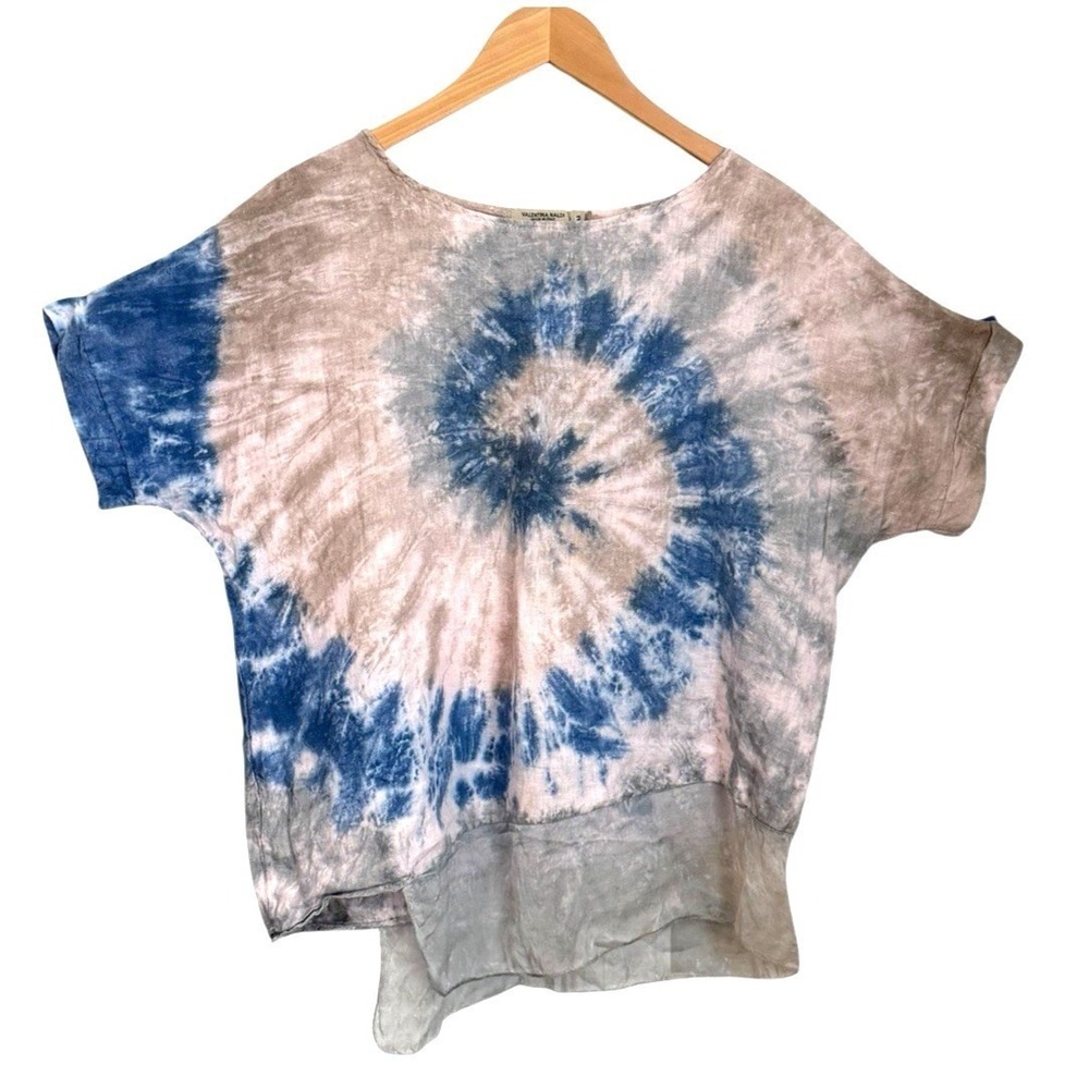 Valentina Naldi Tie Dye Linen Top Womens Size M Blue Tan Boho Made in Italy